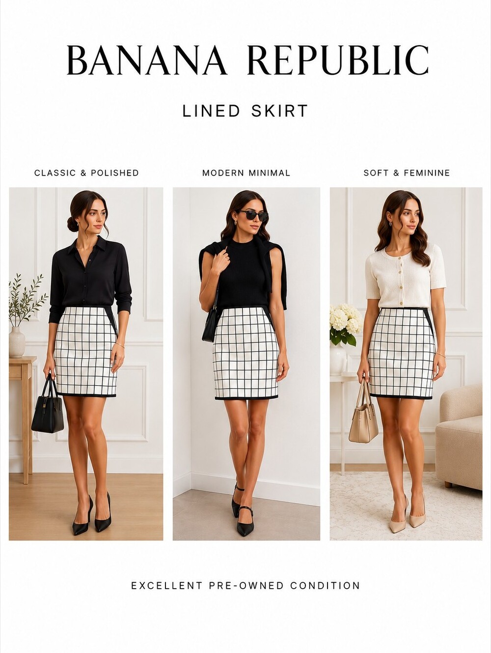 Banana Republic | Black & White Windowpane Grid Print Lined Skirt Size 14 - Picture 4 of 9